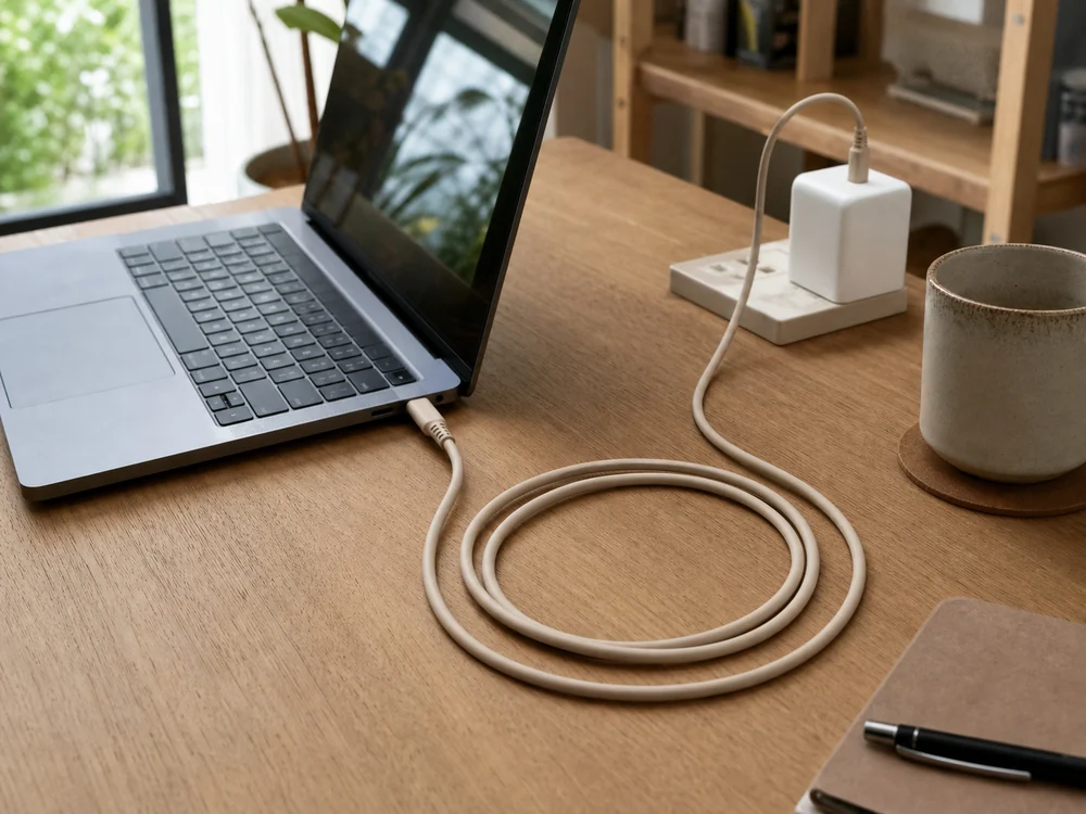 ノートPCを充電しながら余った長さが輪状にまとまるラテグレージュのUSB-Cケーブル