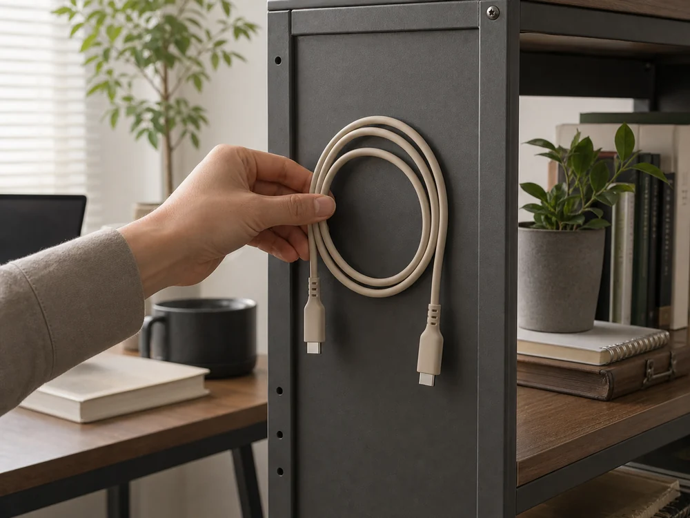 スチール製シェルフの側面に輪状で留めたラテグレージュのUSB-Cケーブル