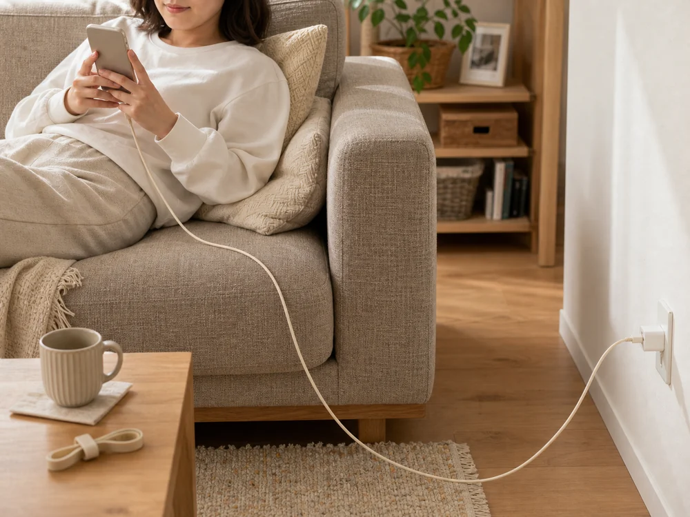 ソファでiPhoneを使いながら、アーモンドミルク色のLightningケーブルをゆったり伸ばして充電している様子