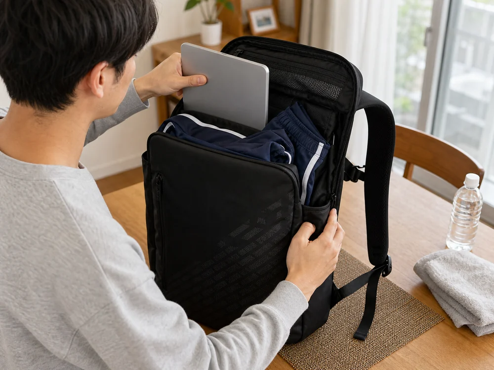 PC用ポケットと主荷室に荷物を分けて入れる黒いスクエアリュック