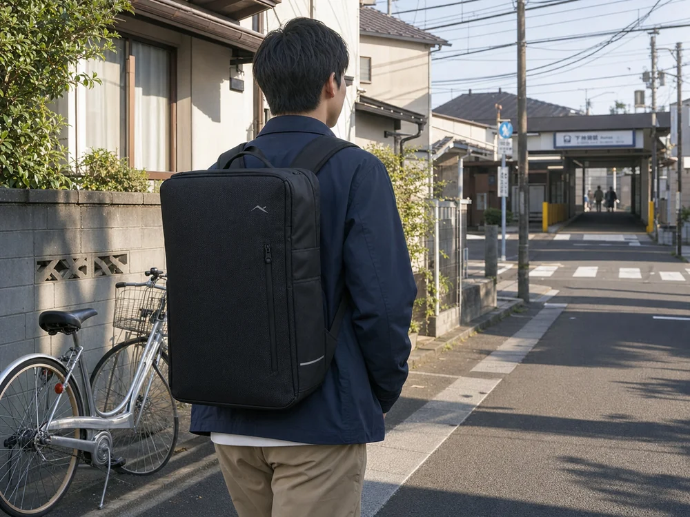 通学時に黒い30Lスクエアリュックを背負って歩く若者