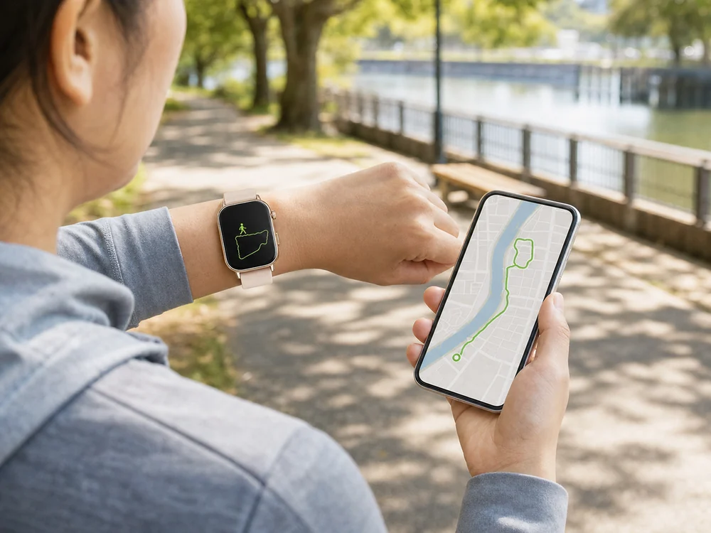 公園のウォーキング後にスマートウォッチとスマホで運動記録を確認する様子
