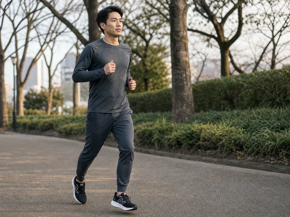 朝の都市公園で黒白のランニングシューズを履いて軽く走る男性