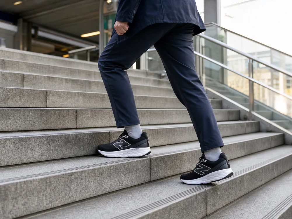 駅の屋外階段を黒白のランニングシューズで上る通勤中の男性