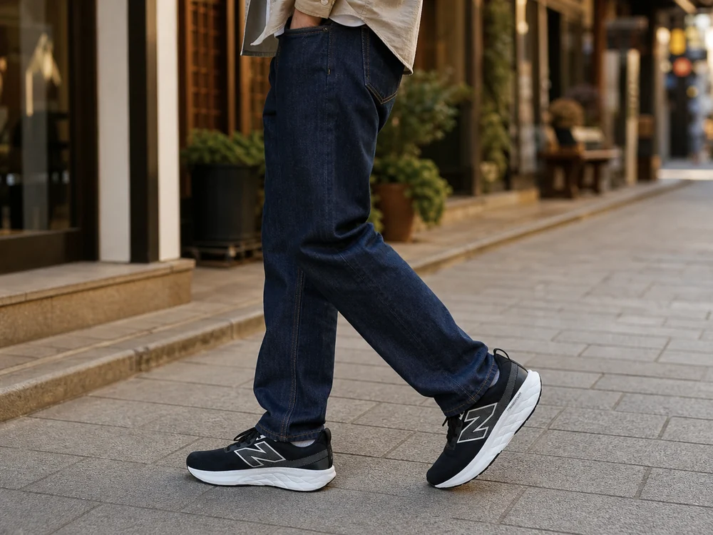 休日の街並みをデニムと黒白のランニングシューズで歩く男性