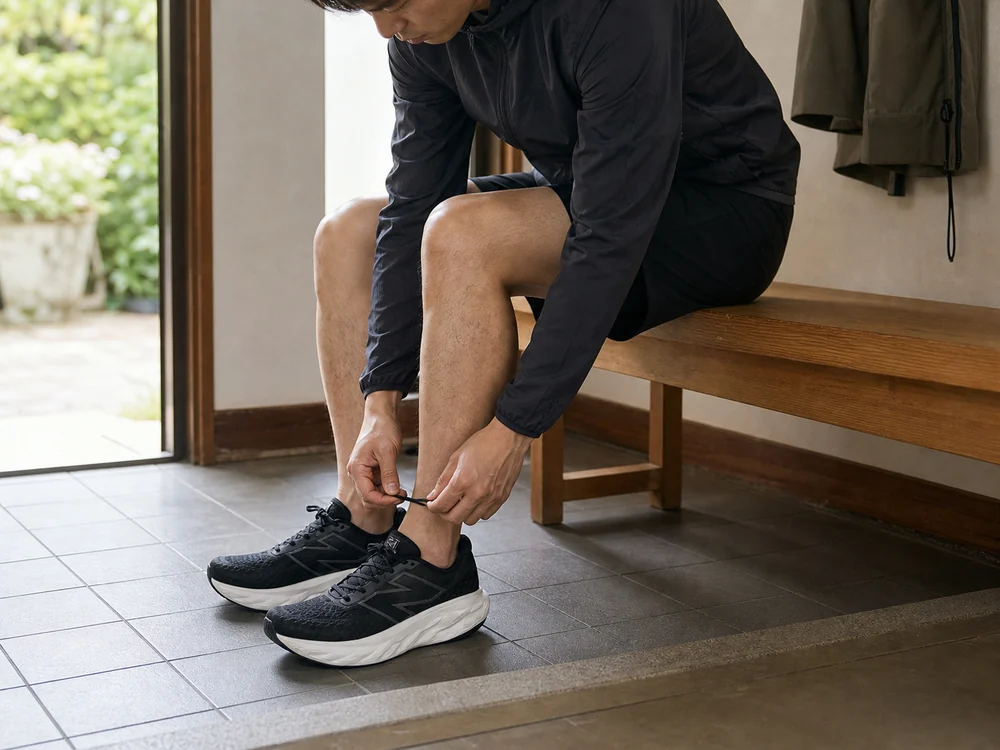 玄関で黒いランニングシューズのひもとフィット感を確かめる様子