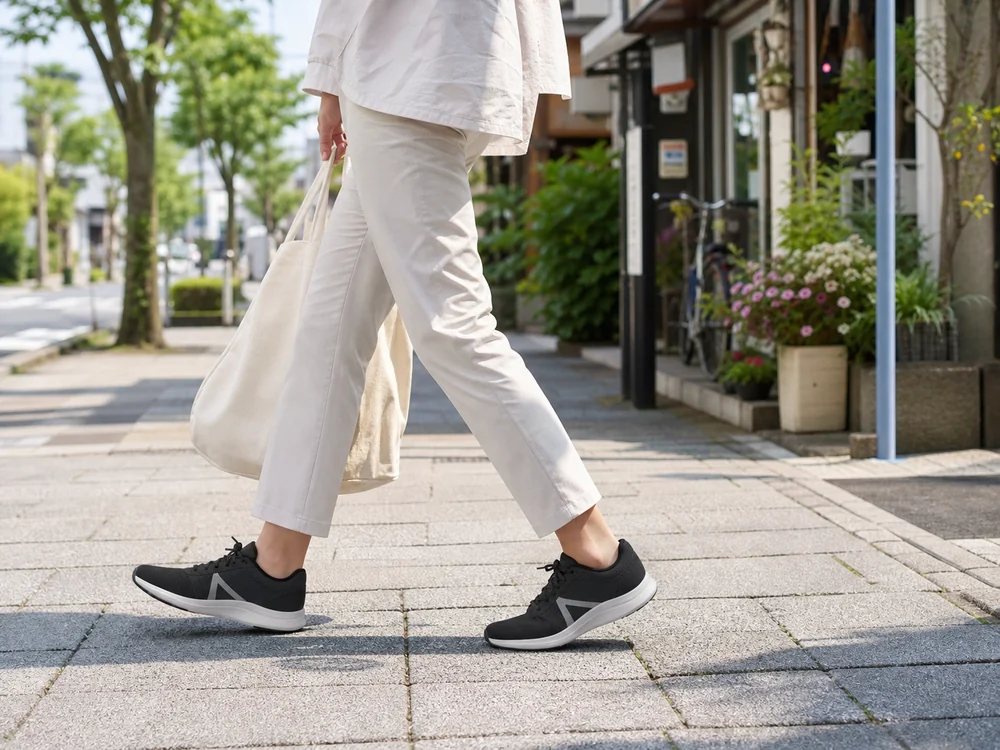 黒い軽量スニーカーで木陰の歩道を歩く女性の足元