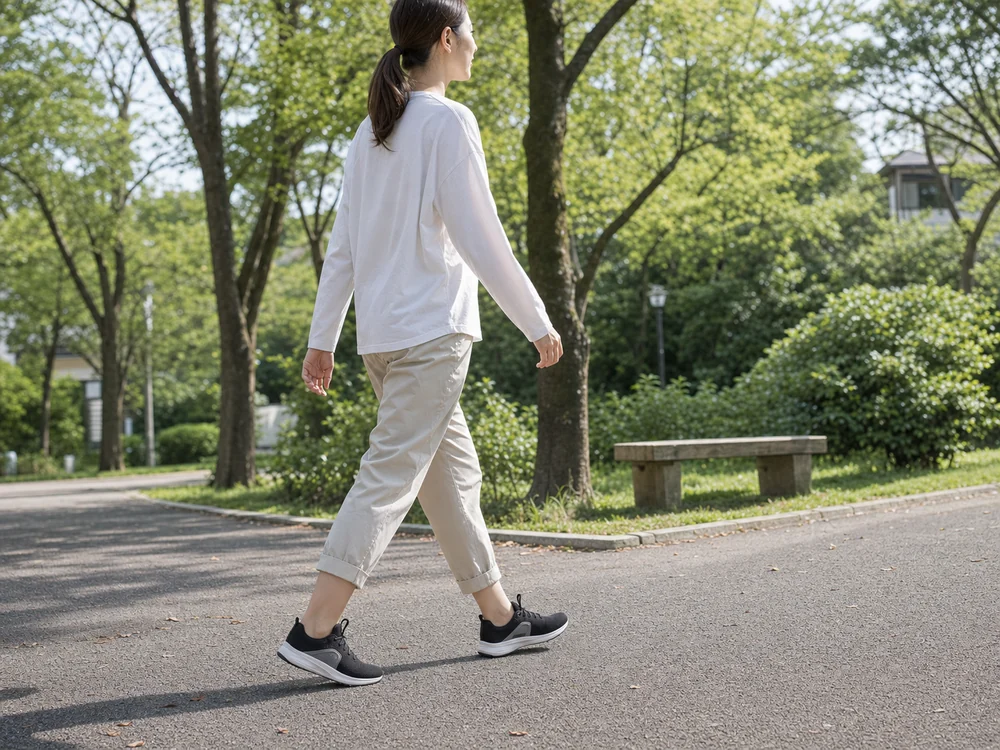 黒い軽量スニーカーで朝の公園を歩く女性