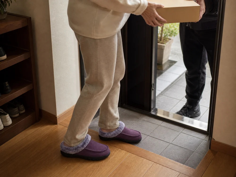 玄関で紫のボア付きクロッグシューズを履いて荷物を受け取る様子