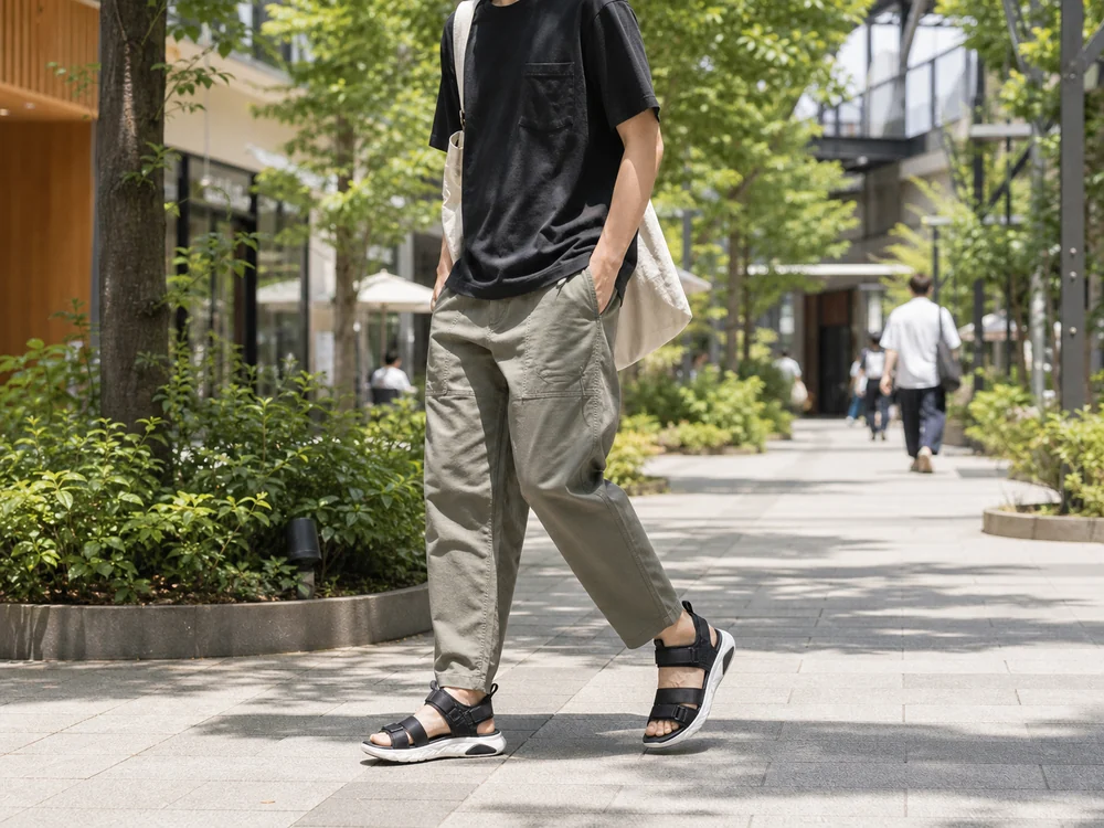 黒いアッパーと白いソールのスポーツサンダルを普段着に合わせた様子