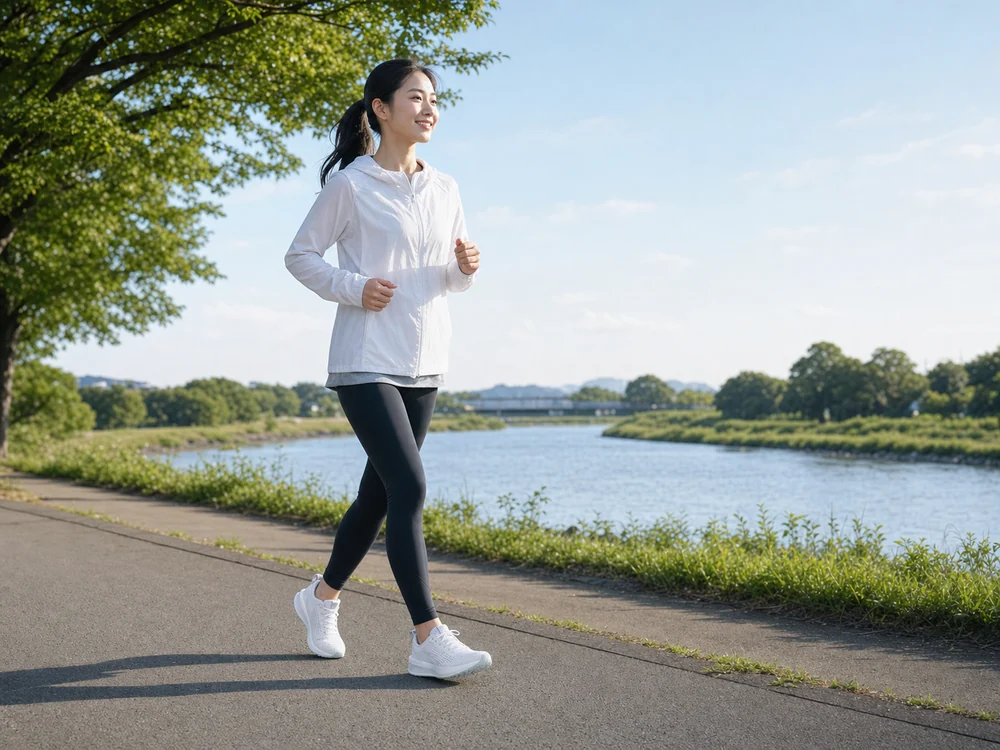川沿いの舗装路を軽く走る女性が白いランニングシューズを履いた様子