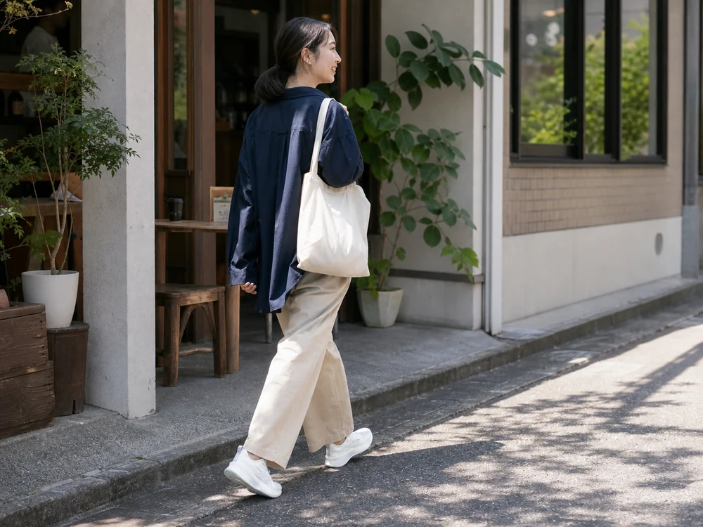 カフェの前を歩く女性が白いランニングシューズを普段着に合わせた様子