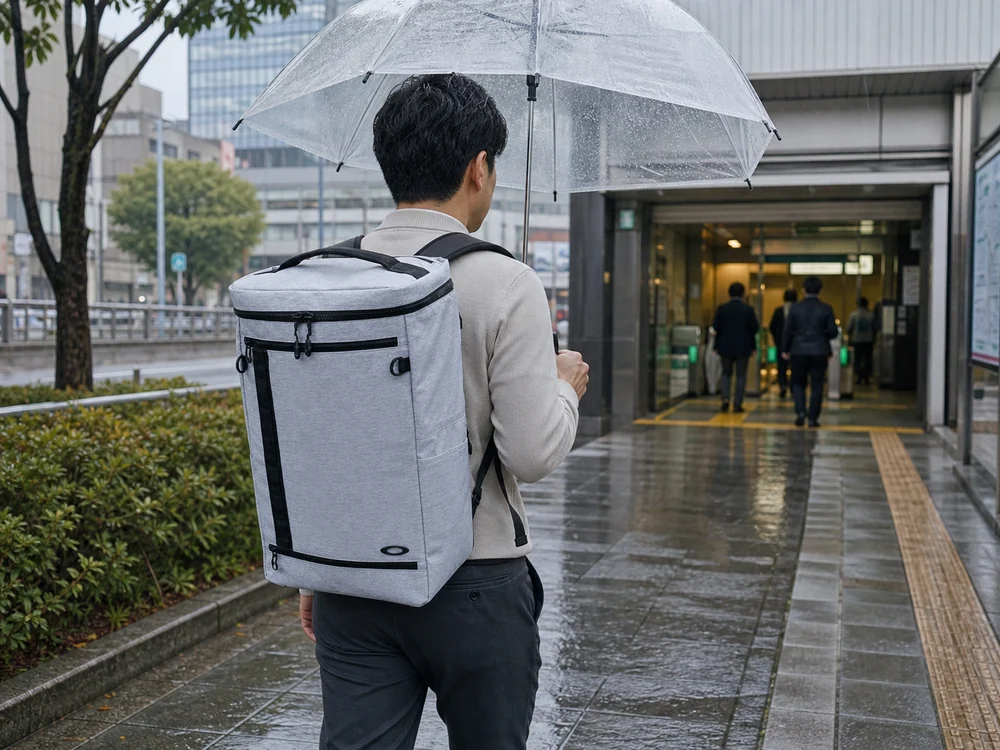 小雨の駅前で40Lのライトグレーのバックパックを背負って歩く通勤者