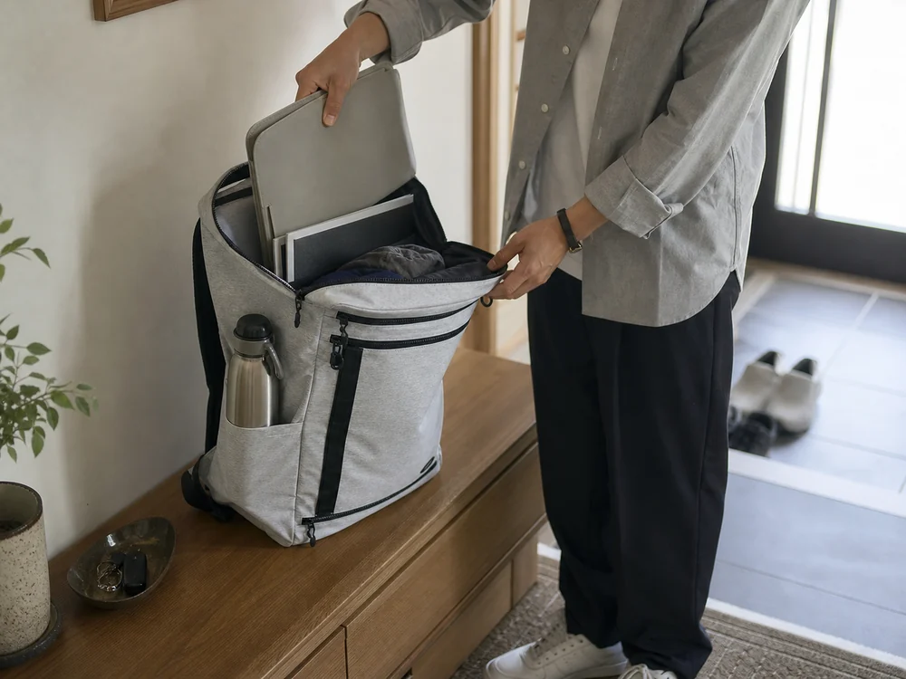玄関でPCやボトル、着替えを40Lのライトグレーのバックパックにまとめる様子