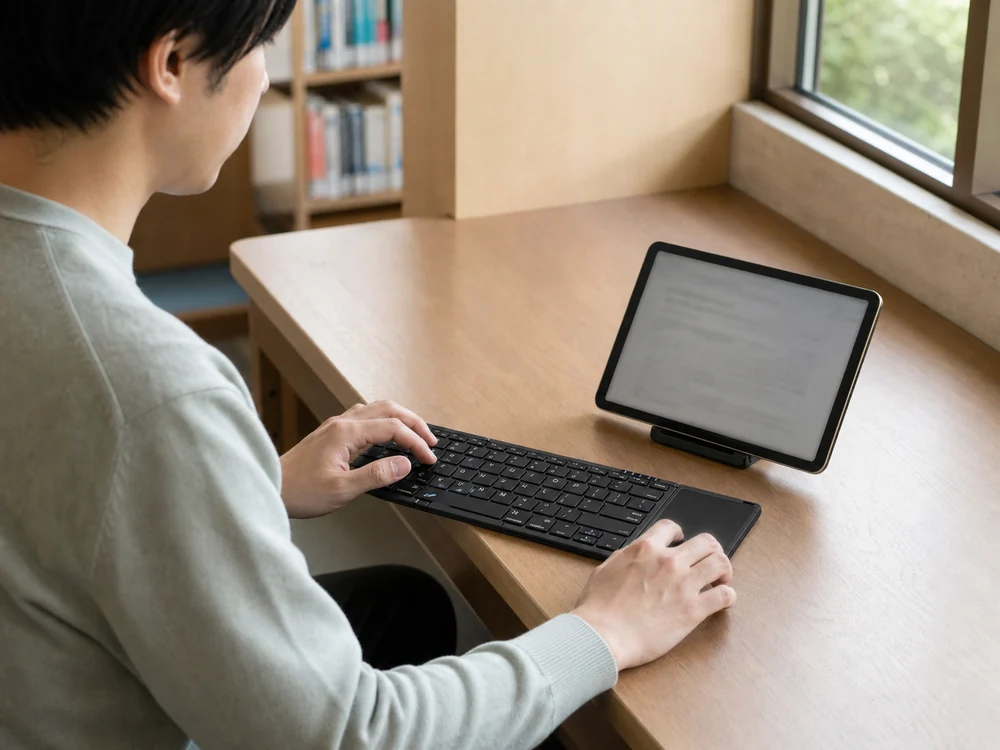 図書館の省スペースな席でタブレットと折りたたみキーボードを使う様子