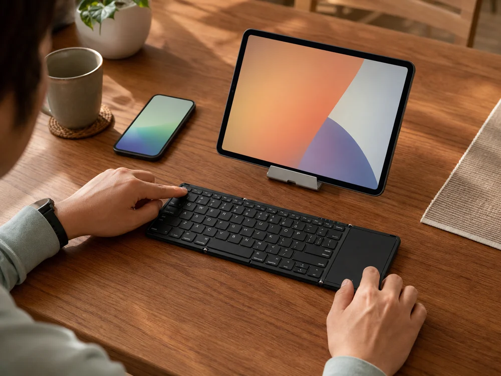 タブレットとスマートフォンを並べて折りたたみキーボードの接続先を切り替える様子