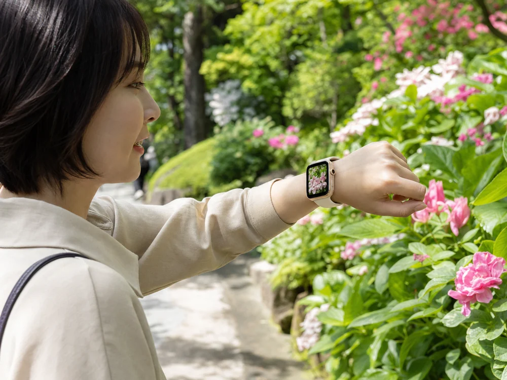 植物園で花を撮影するカメラ内蔵スマートウォッチ