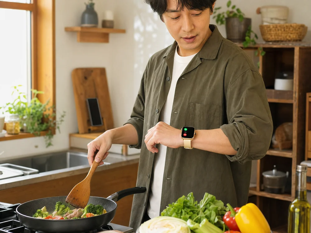 料理中に腕元で着信を確認するスマートウォッチ