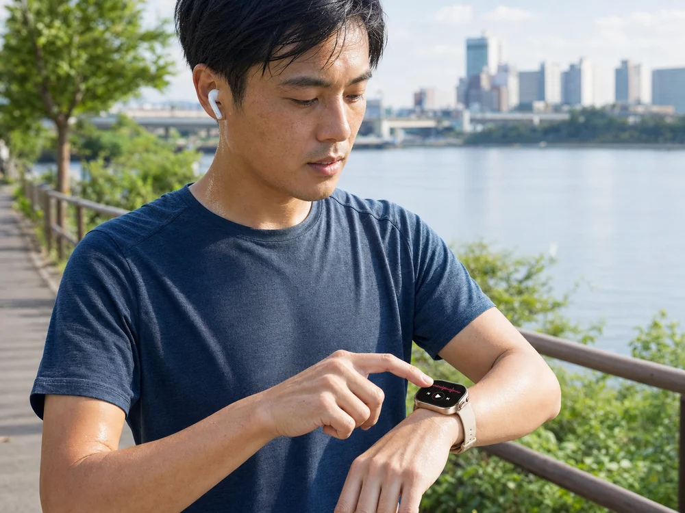 ランニング後に保存音楽を操作するスマートウォッチ