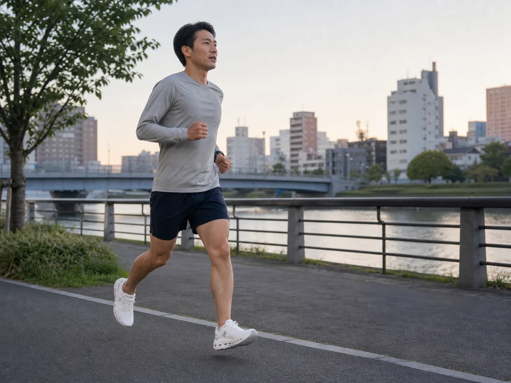 白いランニングシューズで早朝の川沿いをゆっくりジョグする男性