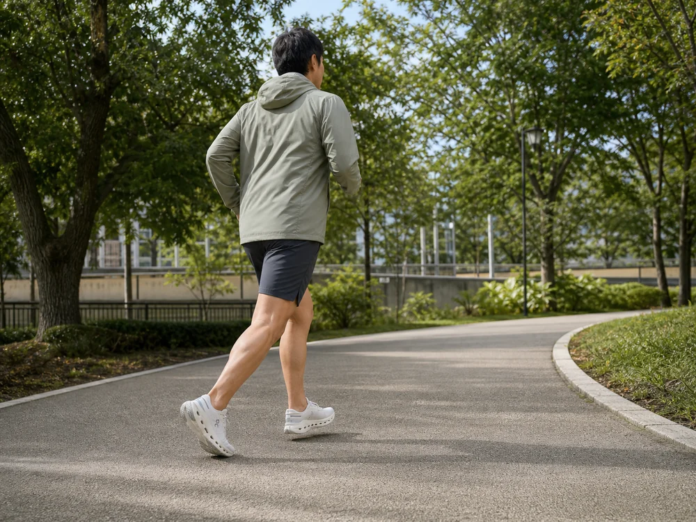 白いランニングシューズで公園のカーブを安定して走る男性