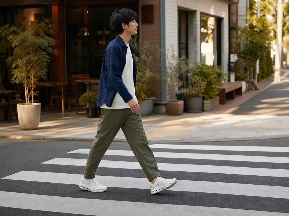 白いランニングシューズを普段着に合わせて街を歩く男性