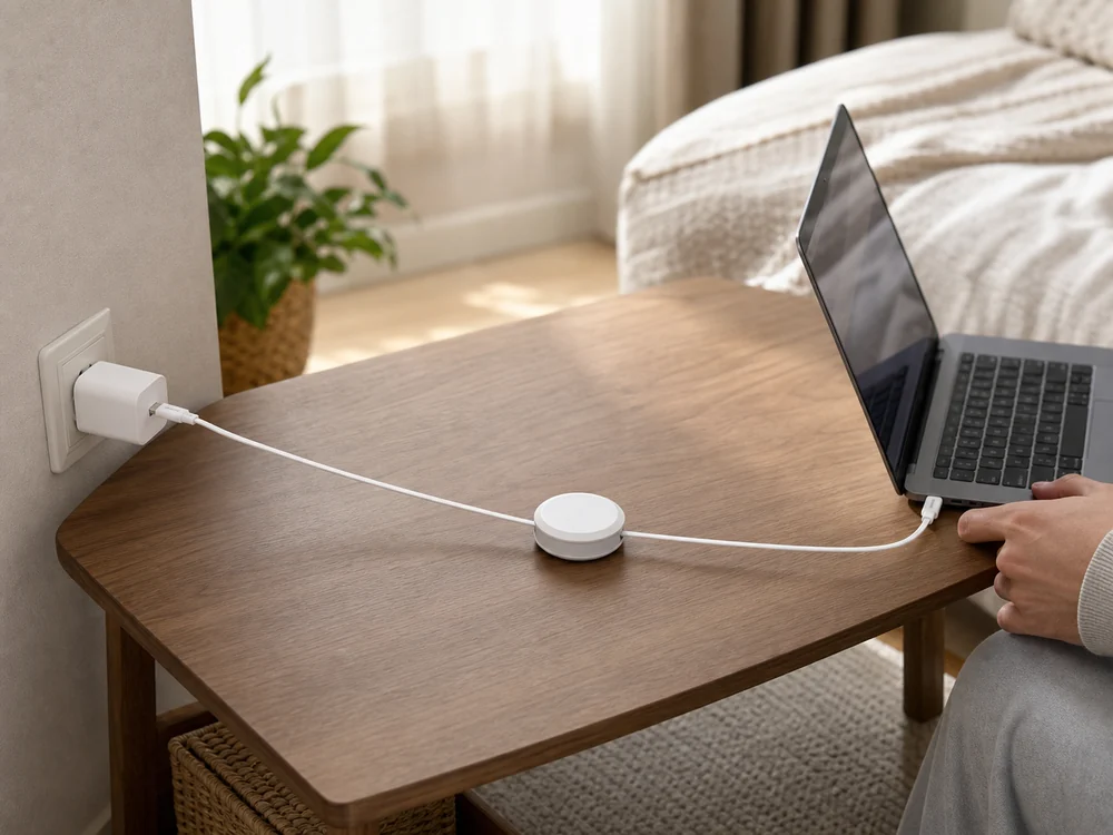 90cmの白い巻取り式USB-Cケーブルをノートパソコンにつないだ様子