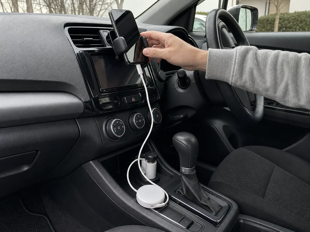 車内で白い巻取り式USB-Cケーブルをスマートフォンにつないだ様子