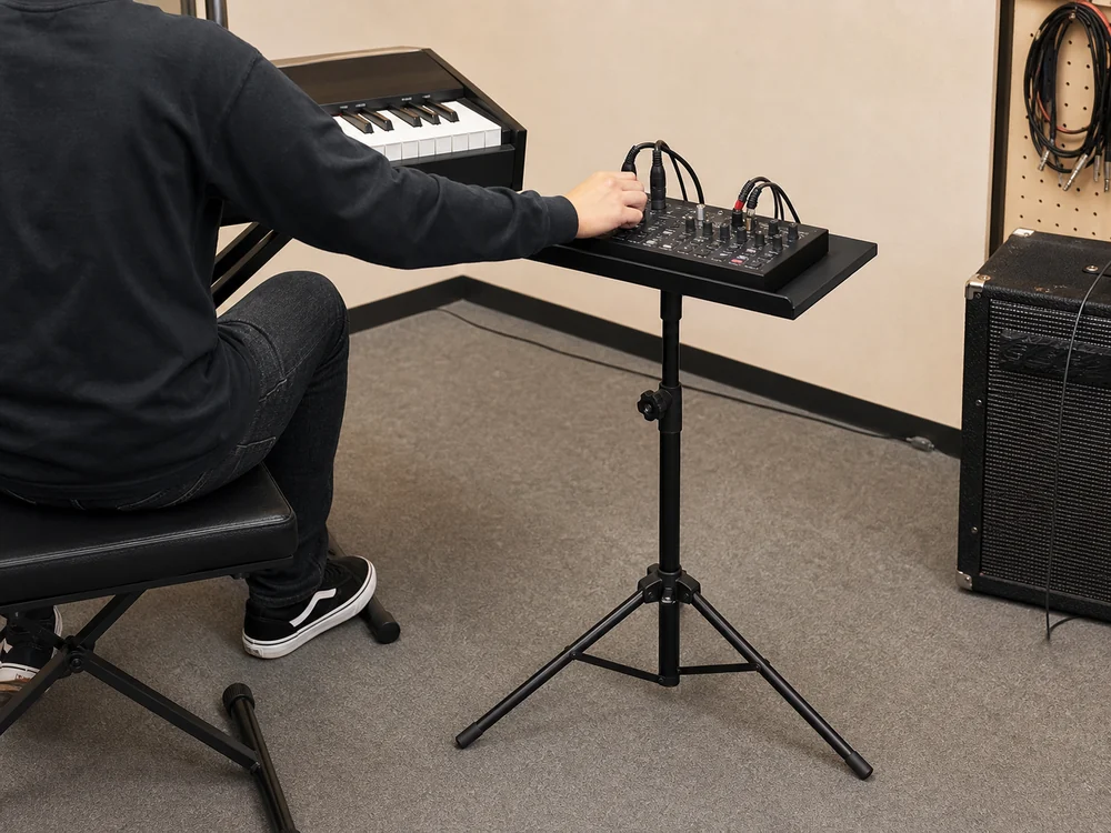 練習室で小型ミキサーを載せて操作する折りたたみスタンド
