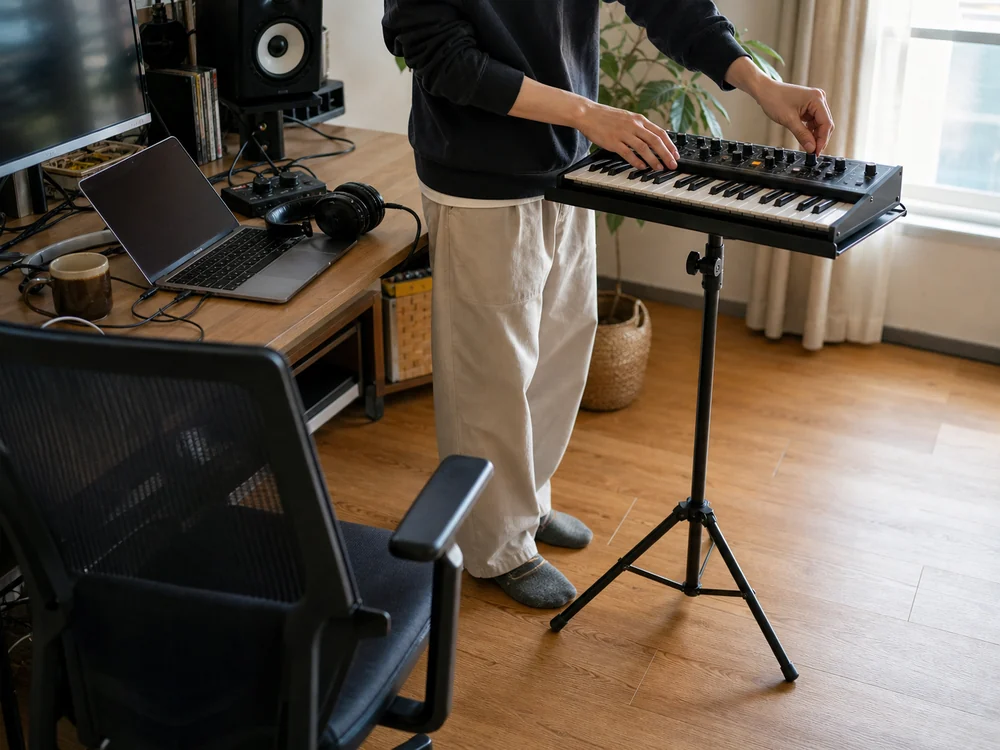 机の横でミニキーボードを載せて使う黒い折りたたみスタンド