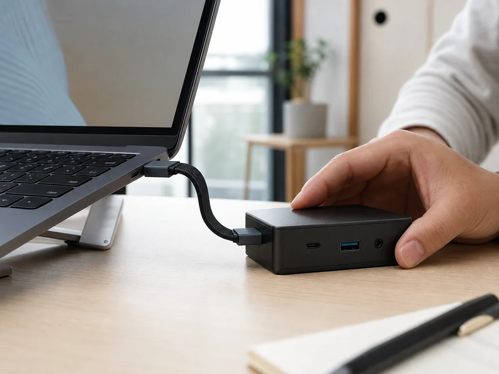 ノートPCと小型ドックの間で短いUSB-Cケーブルの届き方を確かめる様子
