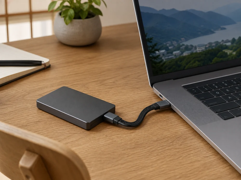 ノートPCと外付けSSDを13cmの黒いUSB-Cケーブルで直結した机上