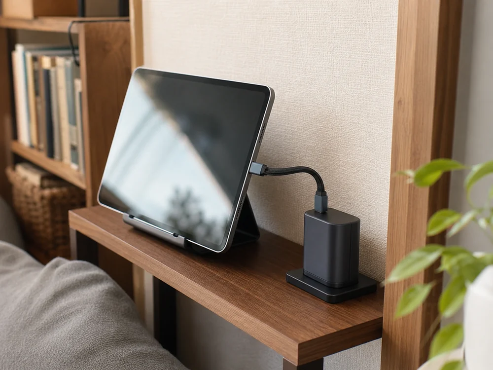 狭い棚でタブレットとUSB-C充電器を短いケーブルでつないだ様子