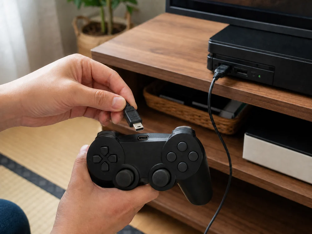 USB mini-B端子をDUALSHOCK 3上部へ接続する様子