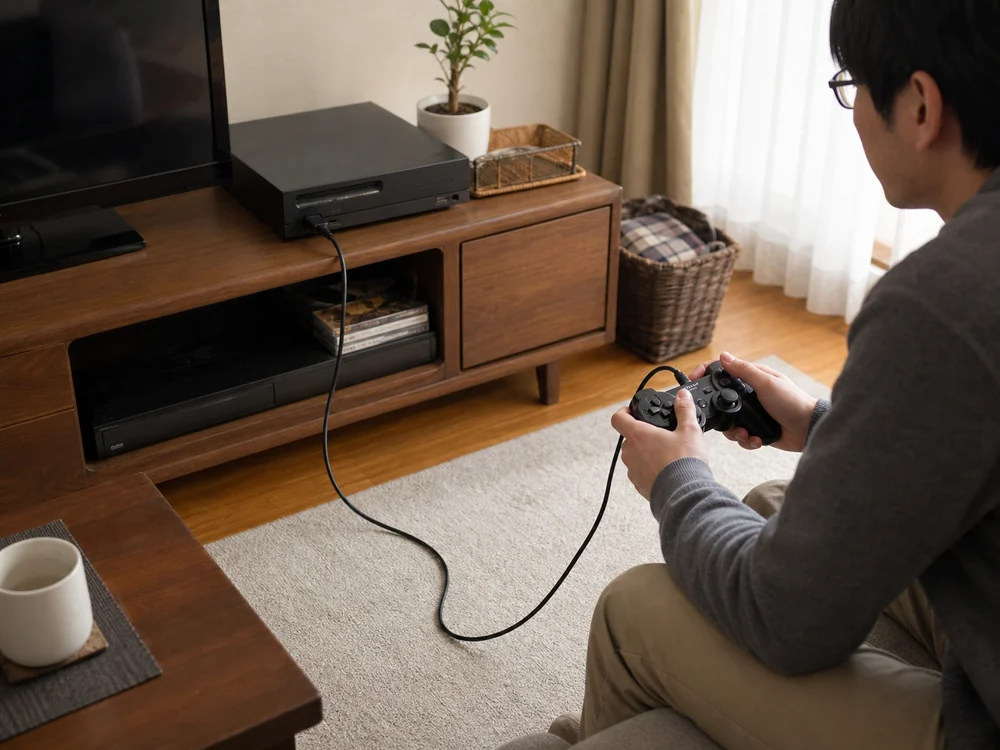 PS3本体とDUALSHOCK 3を黒いmini-Bケーブルでつないで遊ぶ様子