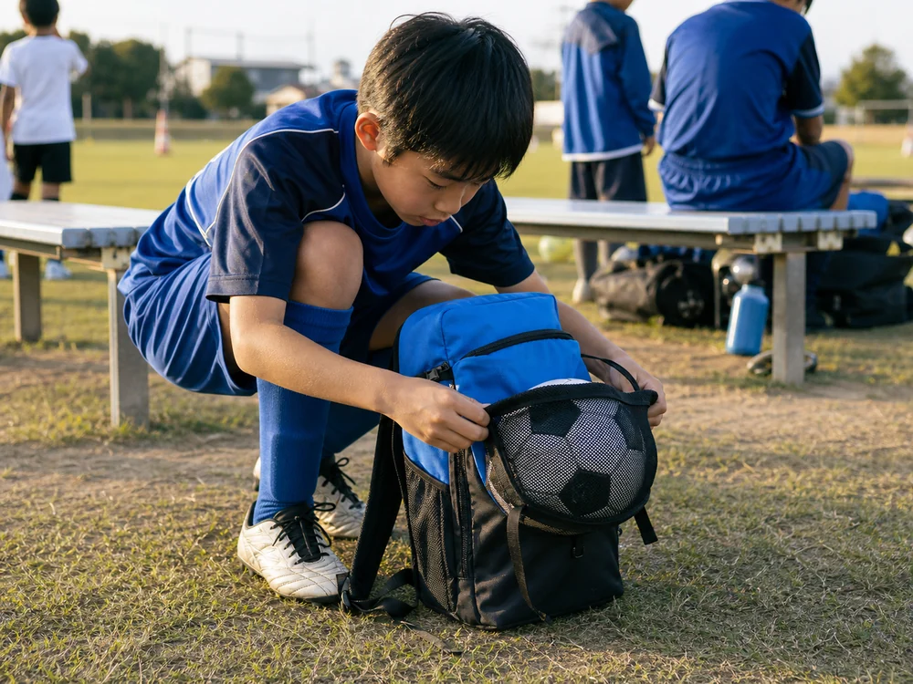 サッカー場で外付けメッシュにボールを収めるジュニア選手