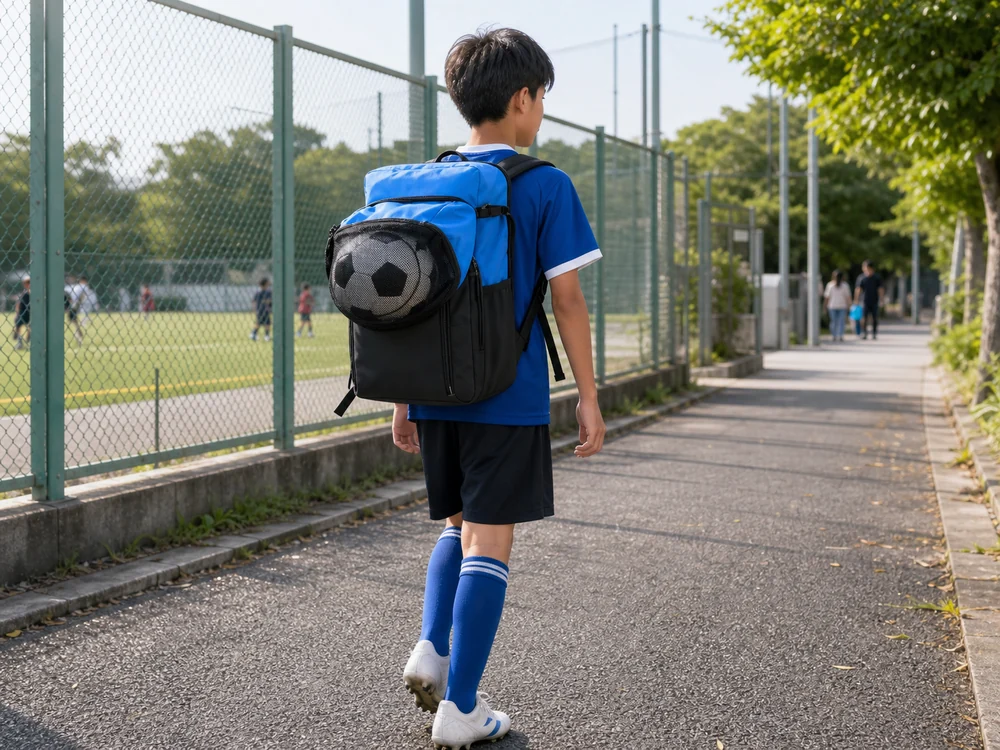 ボールを外付けした30Lバックパックで練習へ向かうジュニア選手
