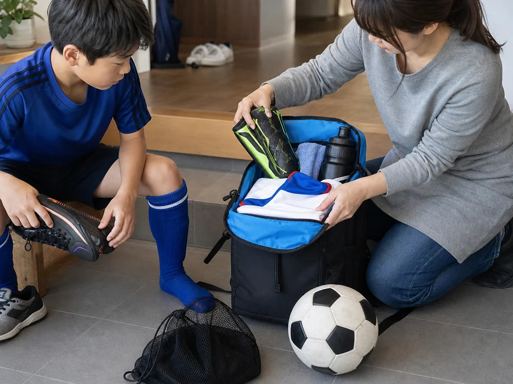 玄関でサッカー用品を30Lバックパックに詰める親子