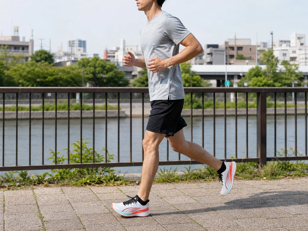 川沿いの遊歩道を白とコーラルのランニングシューズで軽く走る人
