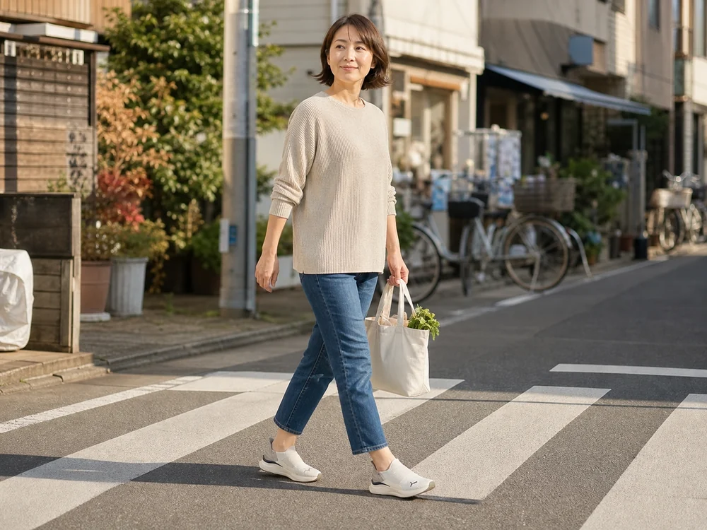 ウォームホワイトのスリッポンシューズをカジュアルな服に合わせて街を歩く女性