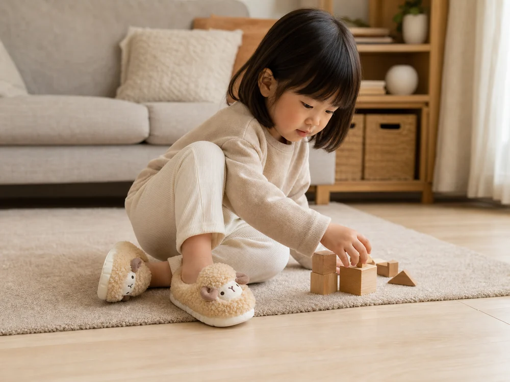 羊モチーフのもこもこルームシューズを履いてリビングで積み木遊びをする子ども