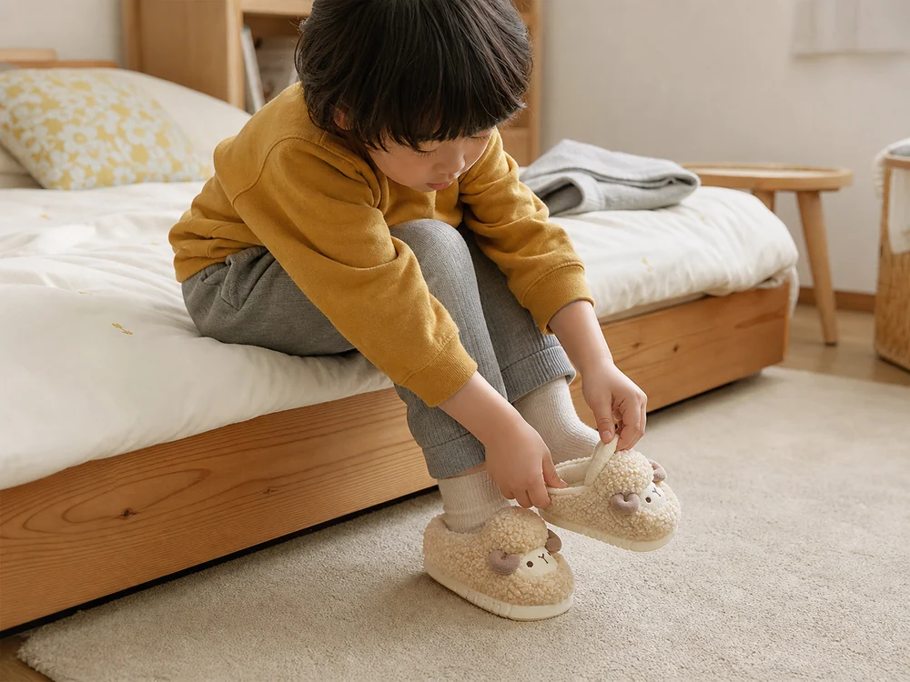 寝室で羊モチーフのもこもこルームシューズを自分で履こうとする子ども
