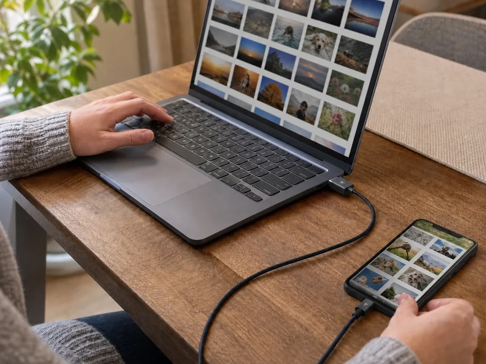 ノートPCとスマートフォンを黒い編み込みケーブルでつなぎ写真を整理する様子