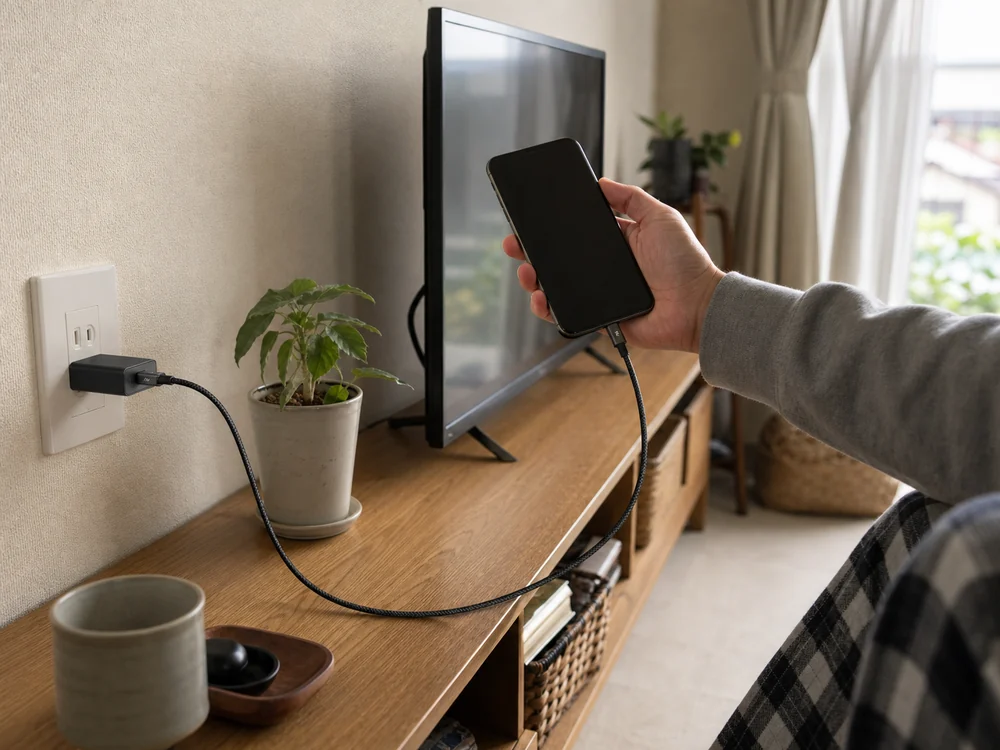 リビングでUSB-A充電器とスマートフォンを黒い編み込みケーブルでつなぐ様子