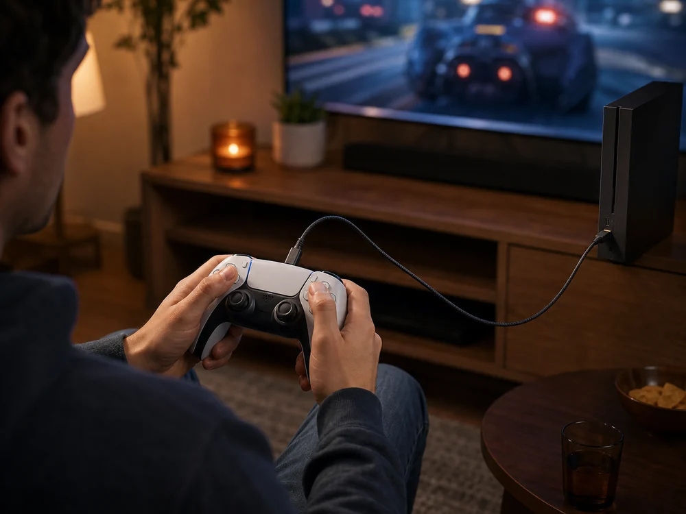 リビングでゲームコントローラーを黒い編み込みケーブルで有線接続する様子