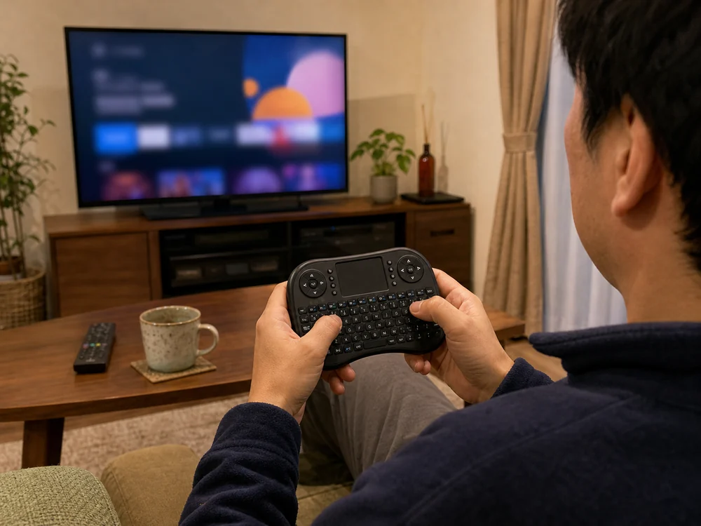 ソファでテレビを見ながら両手でワイヤレスミニキーボードを操作する様子