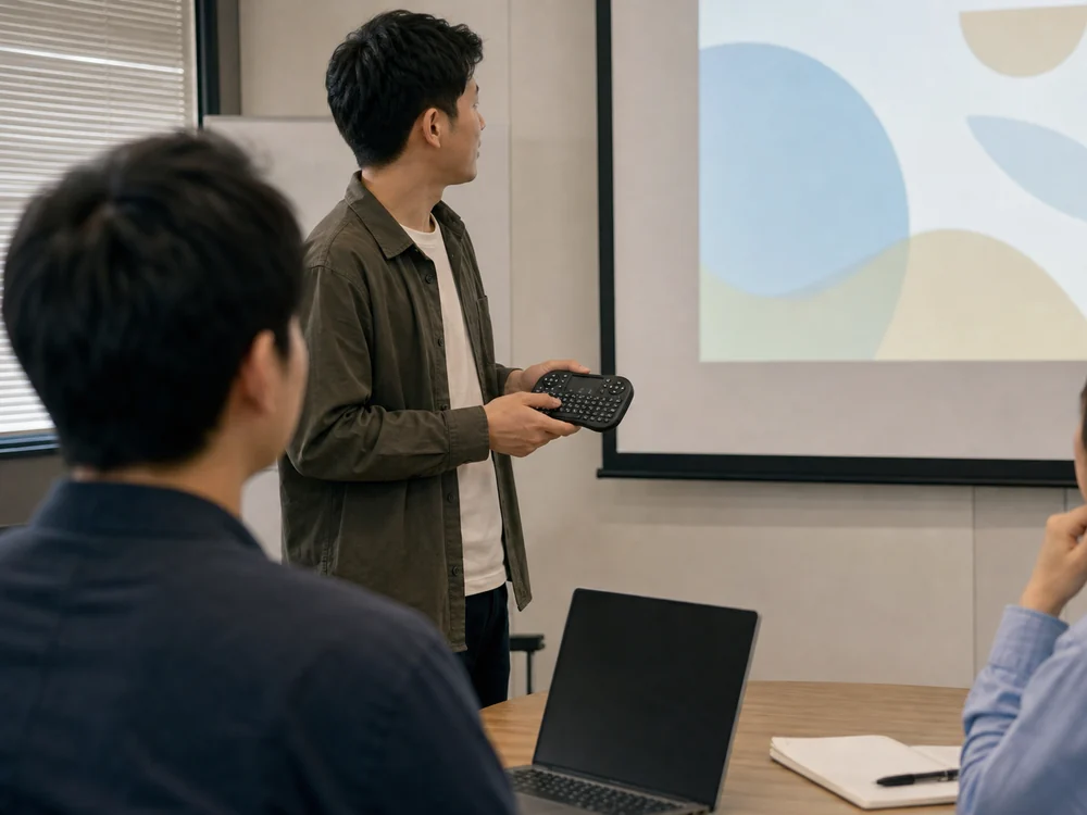 プロジェクター画面の前で両手持ちミニキーボードを操作する様子