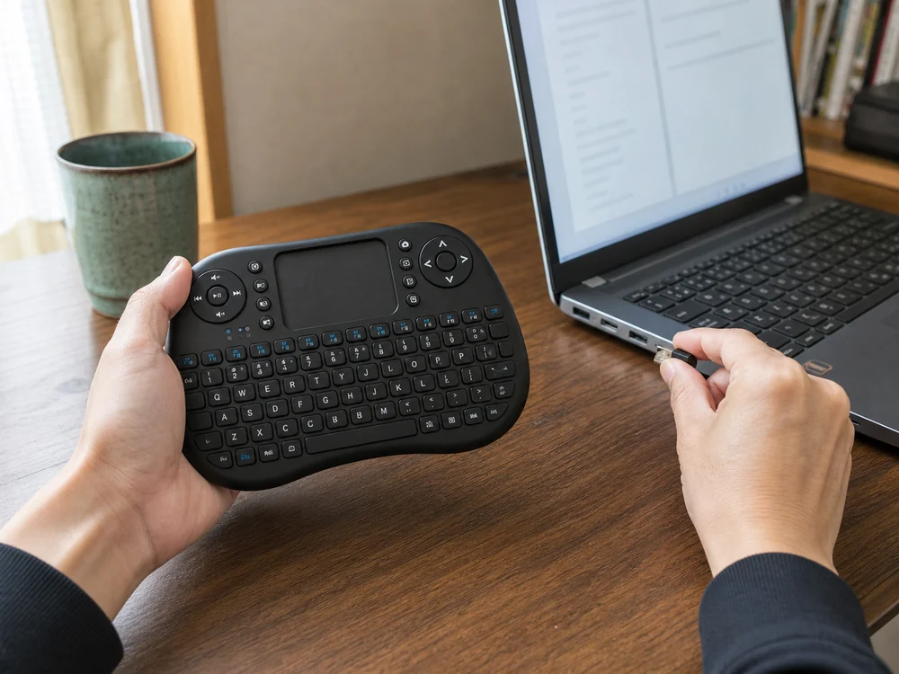 USBレシーバーを挿したパソコンでミニキーボードを使う様子