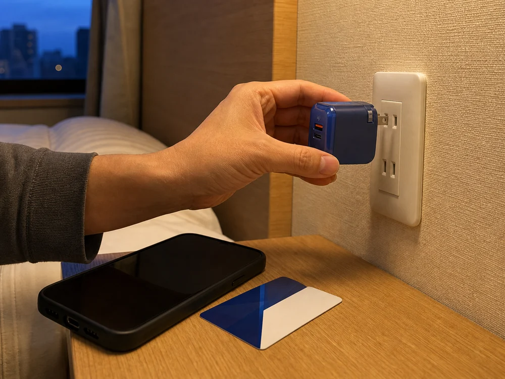 ホテルのベッドサイドで青い巻き取り式充電器をコンセントに差し込む様子