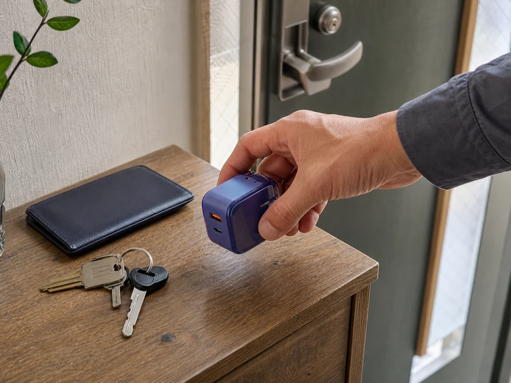 玄関でケーブルとプラグを収納した青い巻き取り式充電器を手に取る様子